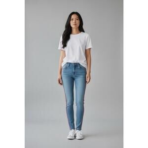 Guess High-Rise Skinny Jeans with Red, White & Blue Tuxedo Stripe, Size 30